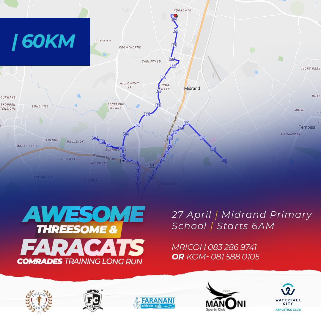 Here are the routes for our Comrades Training Long Run this Saturday. connect.garmin.com/modern/course/… *60 Km’s ☝️* connect.garmin.com/modern/course/… *45 Km's ☝️* connect.garmin.com/modern/course/… *30 km's ☝️* #AwesomeThreesome #FaraCats