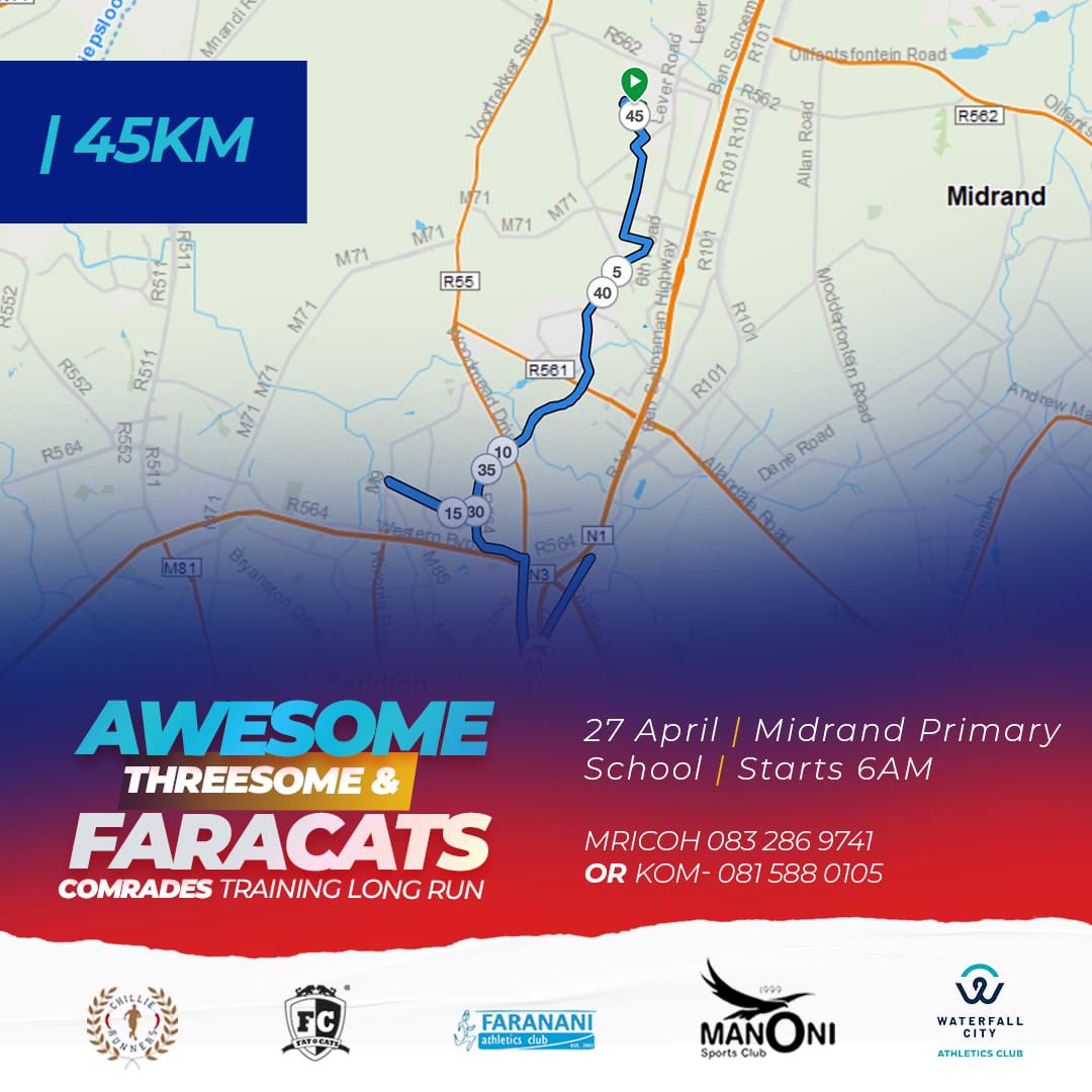 ChillieRunners's tweet photo. Here are the routes for our Comrades Training Long Run this Saturday.
https://t.co/OxdPRVcVld
*60 Kmโs โ๏ธ*
https://t.co/kbWB7RkgSu
*45 Km's โ๏ธ*
https://t.co/pBsRDiLFsO
*30 km's โ๏ธ*
#AwesomeThreesome #FaraCats https://t.co/5xSzPzQBGC