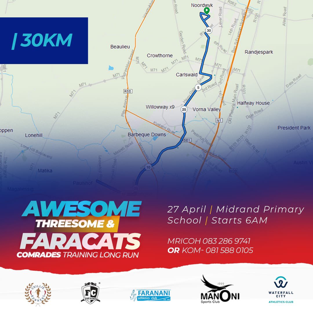 ChillieRunners's tweet photo. Here are the routes for our Comrades Training Long Run this Saturday.
https://t.co/OxdPRVcVld
*60 Kmโs โ๏ธ*
https://t.co/kbWB7RkgSu
*45 Km's โ๏ธ*
https://t.co/pBsRDiLFsO
*30 km's โ๏ธ*
#AwesomeThreesome #FaraCats https://t.co/5xSzPzQBGC