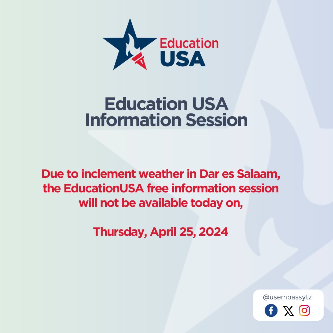 Due to the ongoing inclement weather in Dar es Salaam, the EducationUSA free information session for today, Thursday, 25 April, 2024 at the American Corner will not be available. Stay tuned to our social media to learn about the next session.