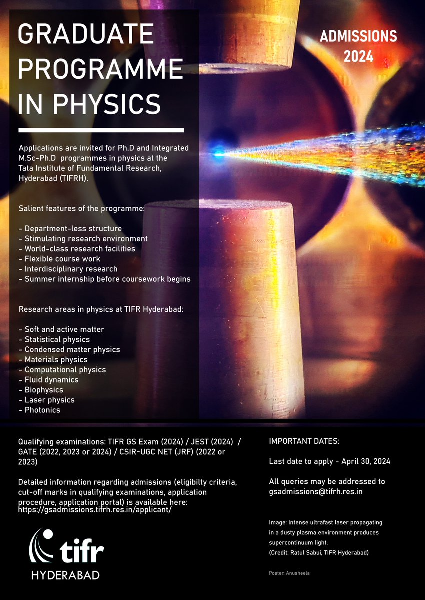 Applications are invited for the PhD and Integrated MSc-PhD programmes in Physics @TIFRH_buzz. Details available here: gsadmissions.tifrh.res.in/applicants/ Last date to fill up the form: April 30, 2024