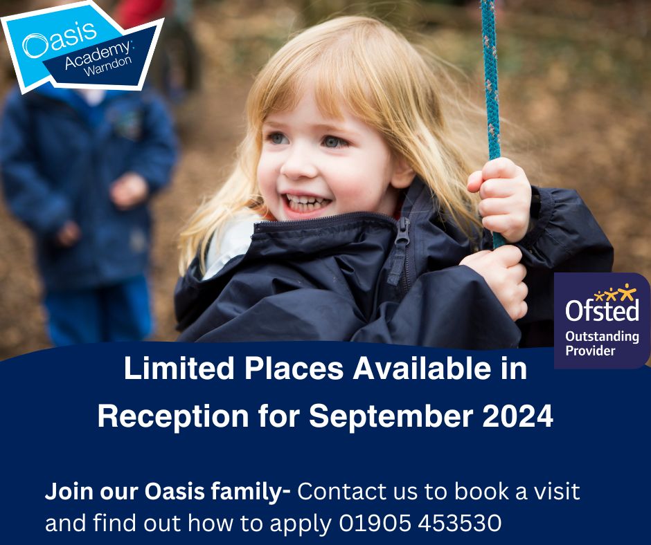Come and join our Oasis family. We have a limited number of spaces in Reception for September 2024. Contact us to arrange a bespoke tour. @OasisAcademies #happyhearts #enquiringminds #promisingfutures