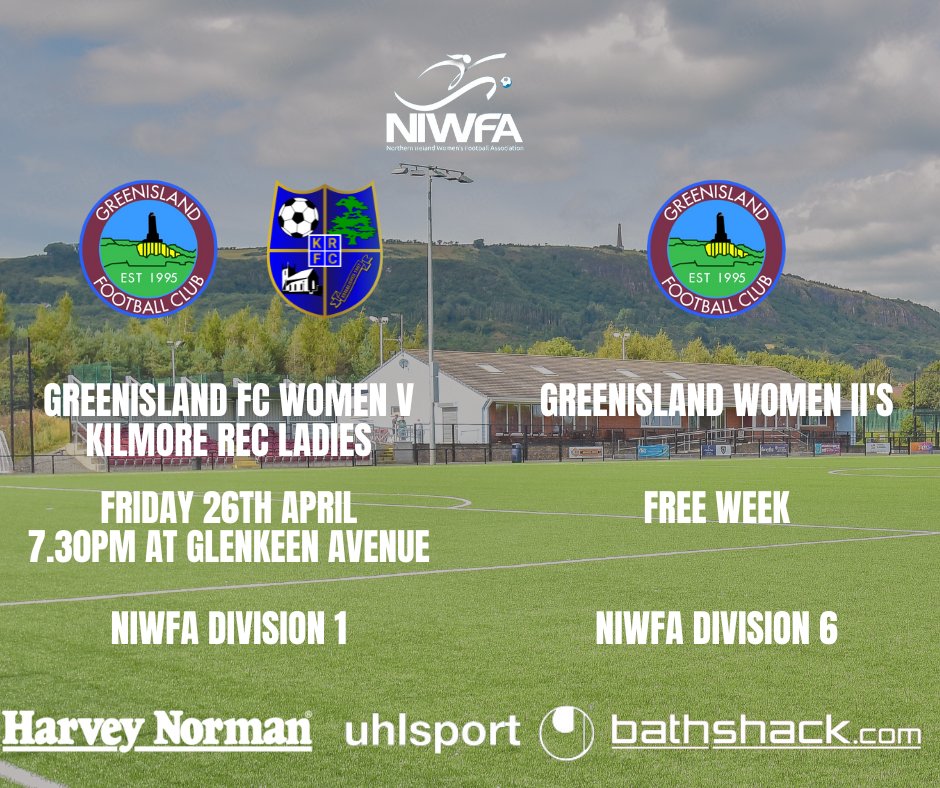 𝗪𝗼𝗺𝗲𝗻'𝘀 𝗙𝗶𝘅𝘁𝘂𝗿𝗲

The wait is over, life in @NIWFA_ Division 1 starts tomorrow night with the visit of @KilmoreRec to Glenkeen Avenue.

Women's First team kindly sponsored by Harvey Norman Ireland 
 
#niwfa24 #uhlsport 
#TheJourneyContinues