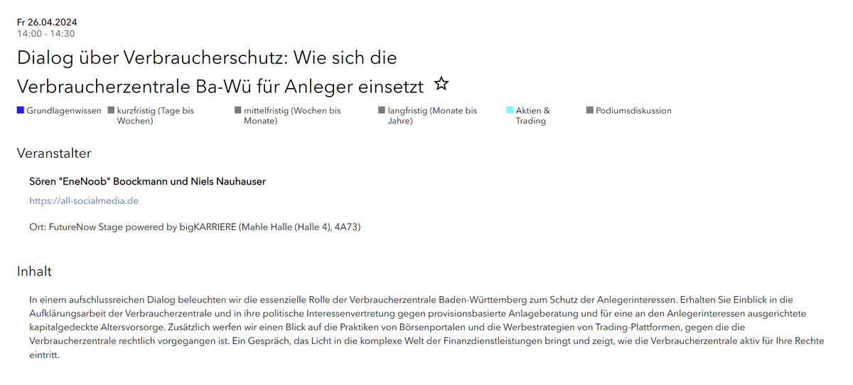 Morgen um 14Uhr auf der großen FutureNow Stage der #INVEST2024 habe ich mein Gespräch mit @NielsNauhauser von der Verbraucherzentrale Baden-Württemberg. Wir sprechen zum Beispiel über: 👉 Kosten bei Riester-Verträgen die man nachträglich erheben wollte aber was nicht zulässig