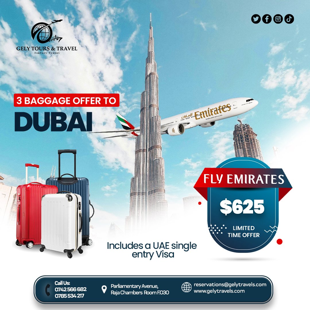 What will you be packing for Dubai, all your swimwear?we wonder. Get in touch and book your ticket now on the Fly Emirates with a 3 baggage offer.

#dubai🇦🇪  #dubaitravel #dubaitraveloffer #flyemirates #gely #gelytoursandtravel