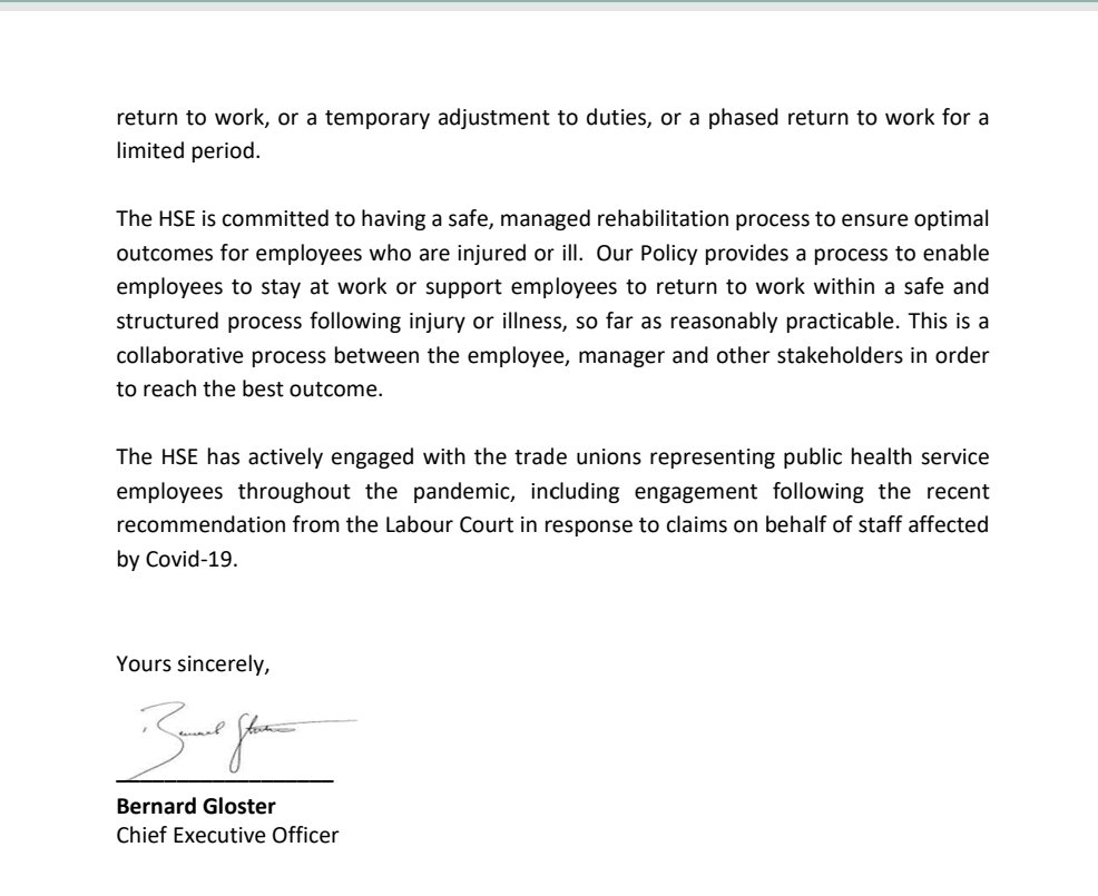 Utterly disappointing response from @BernardGloster to a @Corkcoco motion, originally sent Oct 2023, asking that he meet with a rep group of healthcare workers with Long Covid & support their case for financial security. He implies the state has gone over & beyond to help them.