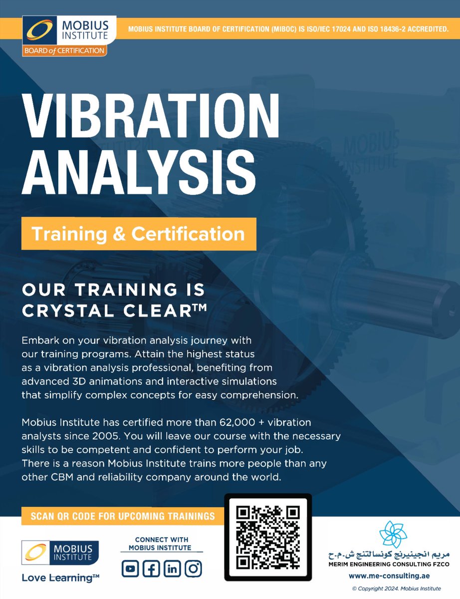 #Vibrationanalysis CATI, CATII, and CATIII (Online Distance Learning & Private/Onsite Training and Certification) are available for more details and registration please email us at info@me-consulting.ae and reach us by WhatsApp: 971506525976 Mobius Institute Mobius Connect