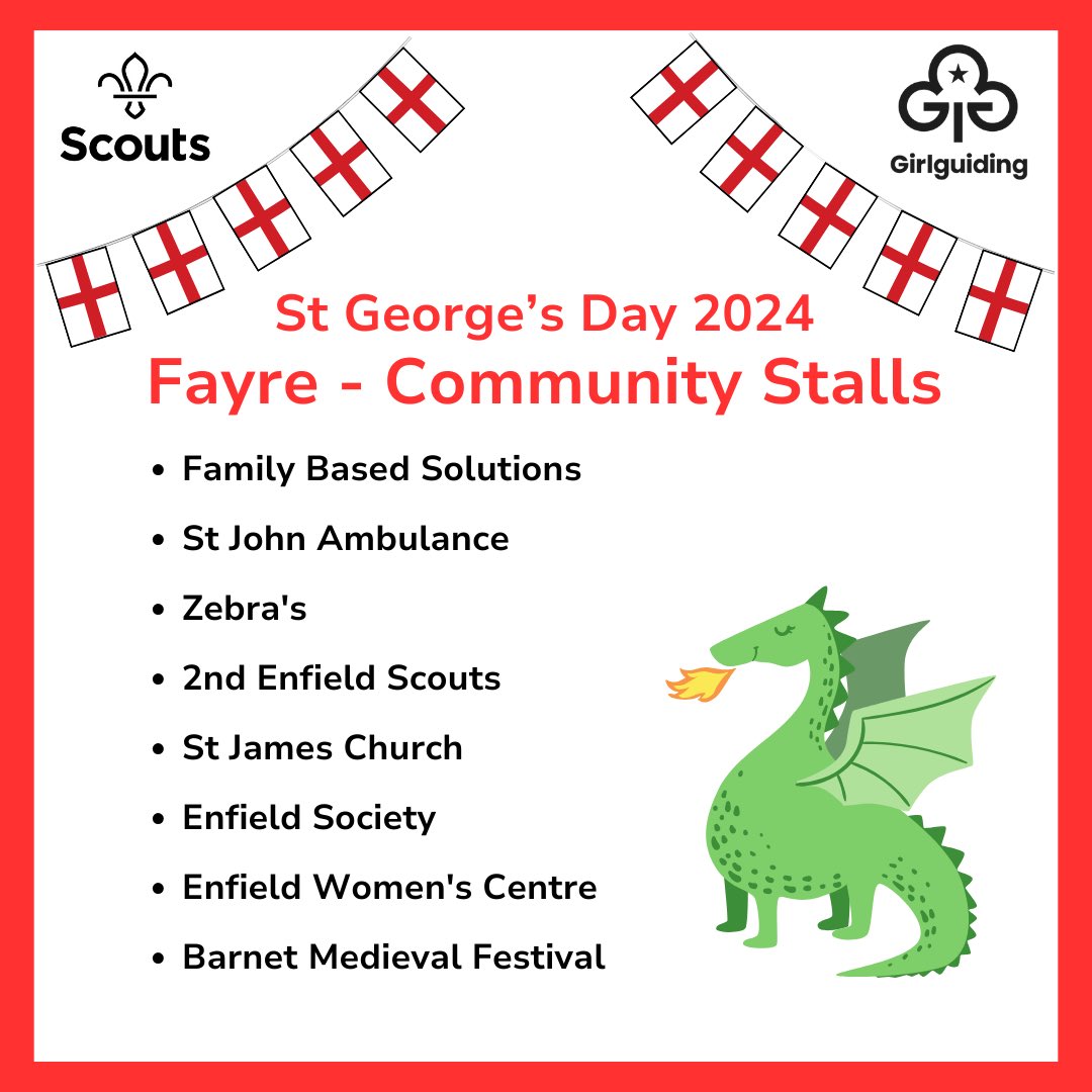 This Sunday @enfieldscouts and Guides’s St George’s Day Carnival & Fayre. There’s also entertainment & stalls from local community groups at @EnfieldMarket