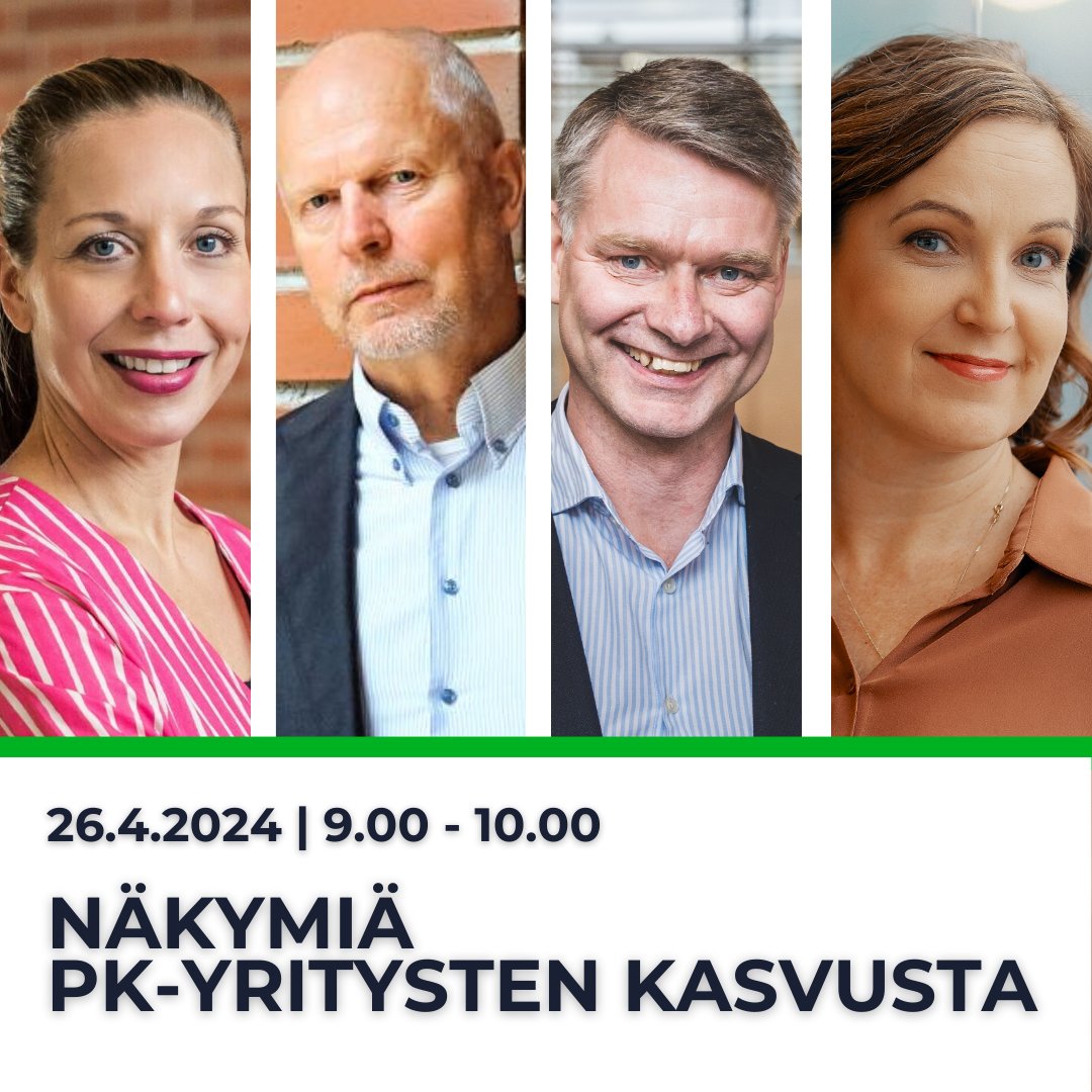 Näkymiä pk-yritysten #kasvu'sta tarjoaa tuoreimmat näkymät pk-yrityskentältä pe 26.4. kello 9.-10.00. Ilmoittaudu: kasvuopen.fi/nakymia-pk-yri… Asiantuntijoina: Jaana Seppälä (Kasvu Open), Pekka Töytäri, Vesa Riihimäki (Nordea) ja Anne Horttanainen (Pääomasijoittajat).