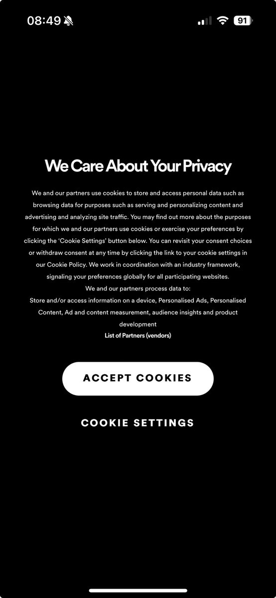 Why do we see cookie dialogs in native apps? This is Spotify but I've seen it on Amazon too. Maybe they use a bunch of web views and need to cookie them?