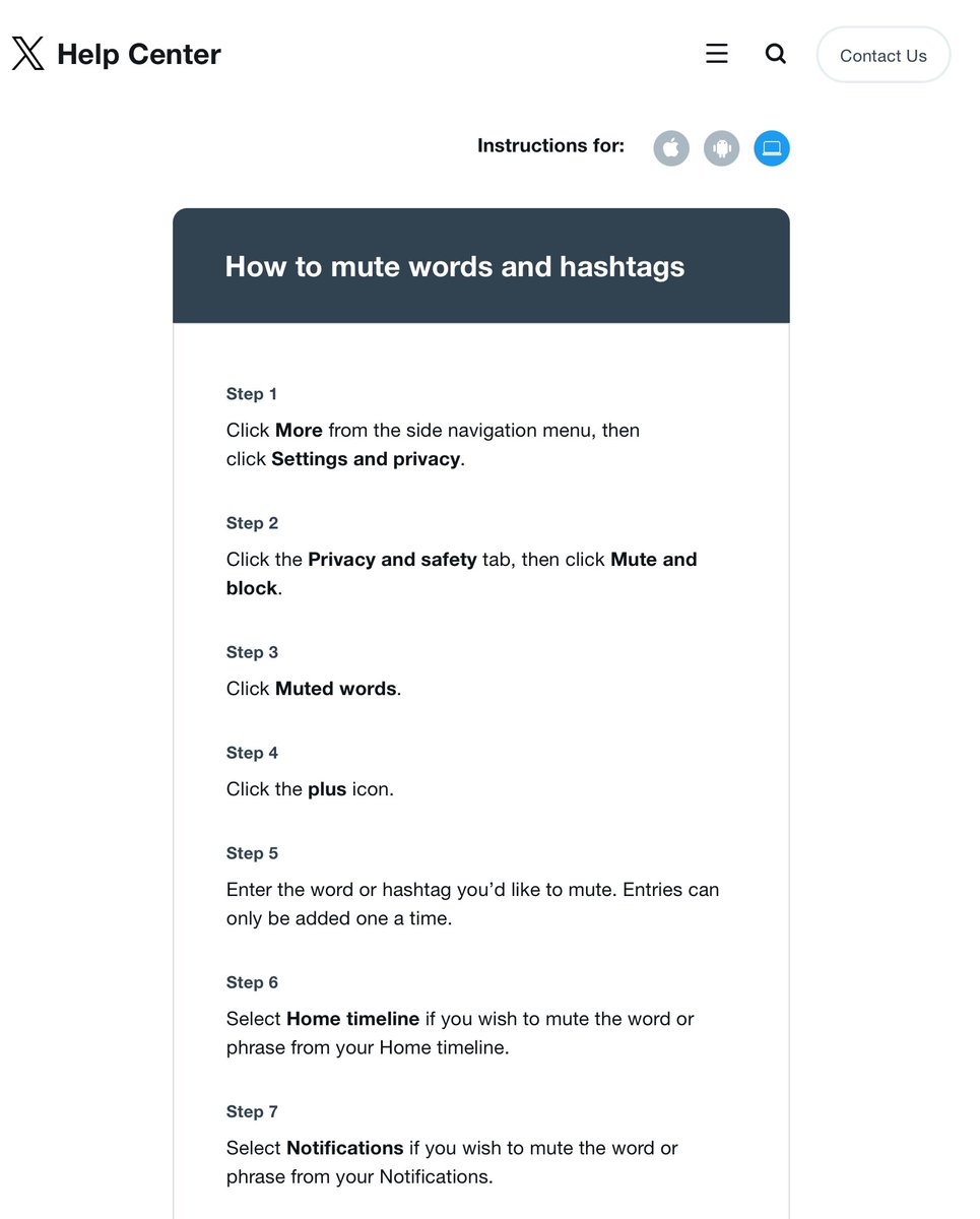 LimeOscar's tweet image. Addendum . . . 
It appears X’s own help content is incorrect (what a surprise 🙄) so if you are on IOS, you may not find the Muted words under the gear icon with the 🍏, but if you select the computer icon 💻, then instructions should work for you! 🤞🤗🐾 #TechBT