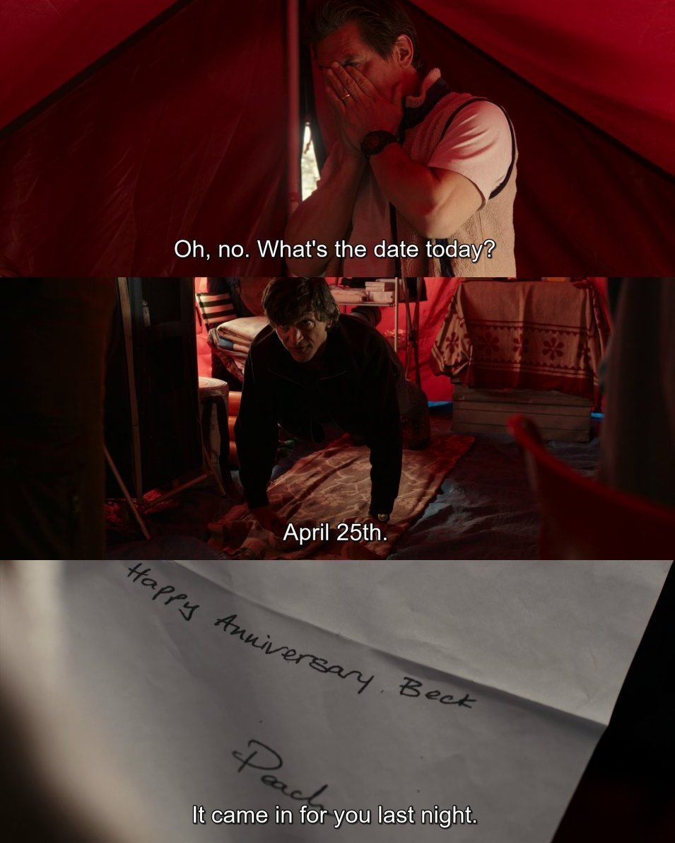 Apr 25th 1996 - During a check-up, Beck Weathers realised he missed his anniversary. He rushes to the Adventure Consultants tent, where he finds a fax sent by his wife the night before. 📽️📅 Depicted in Everest (2015)