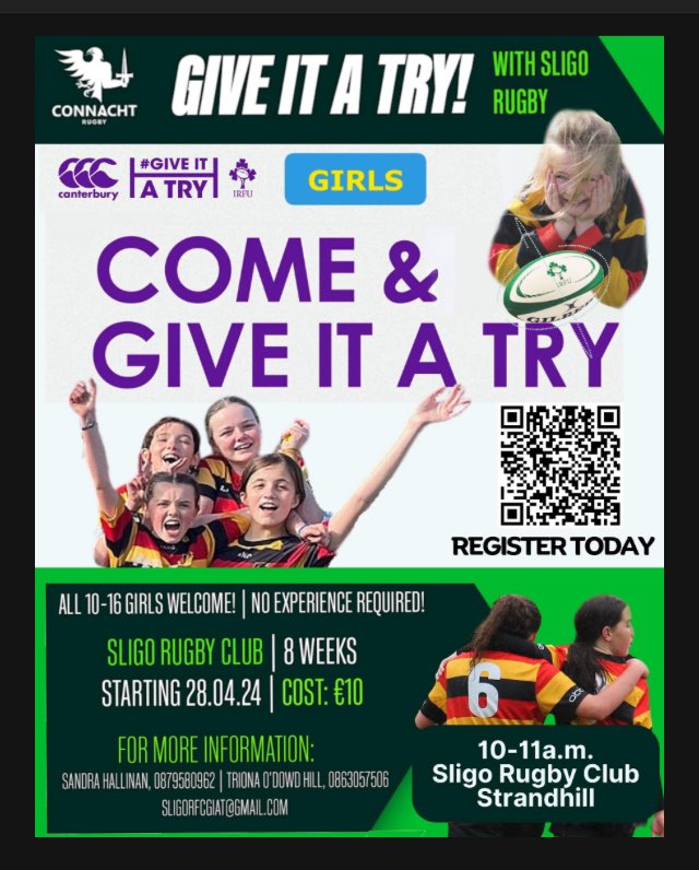 Sligo Rugby Club are starting a girls ‘Give it a Try’ programme this Sunday. This is a fantastic opportunity for girls 10-16 years to try an 8 week programme for a small fee of €10. Why not give it a go girls! @lecheiletrust1 @sligorugby