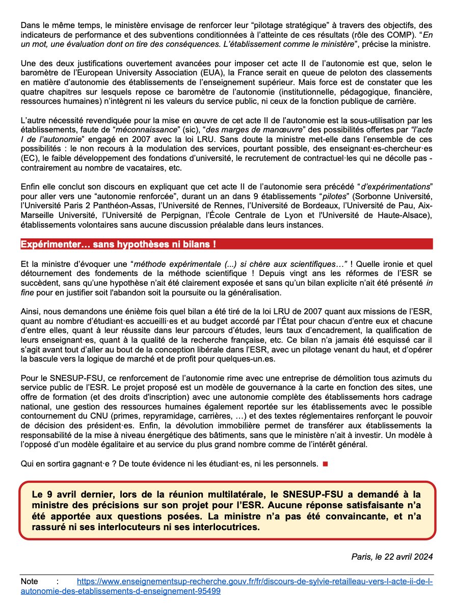 “Acte II de l’autonomie des universités” :  la fin du service public de l’ESR ? - Lettre flash 91 du 23 avril 2024 via @snesupfsu @SNCS_FSU @FsuNationale @sup_recherche @sretailleau #Recherche #ESR #EnseignementSup #ServicePublic snesup.fr/article/acte-i…