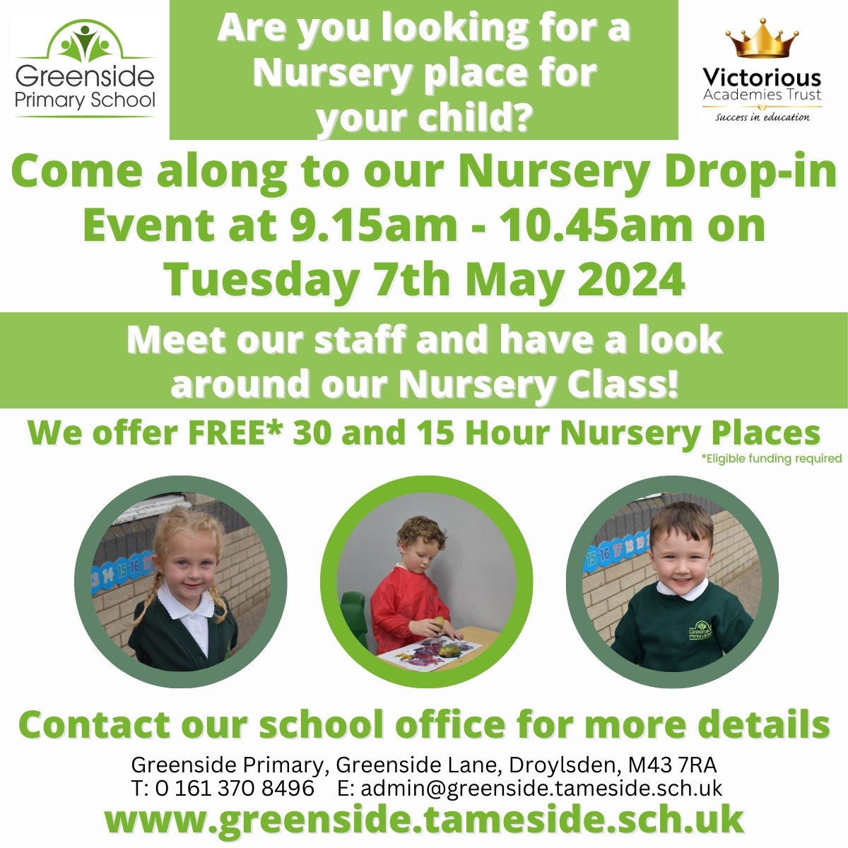Do you know someone who will need a nursery place from September? If so, please let them know about our open morning. @GreensideHead @TrustVictorious @newsintameside