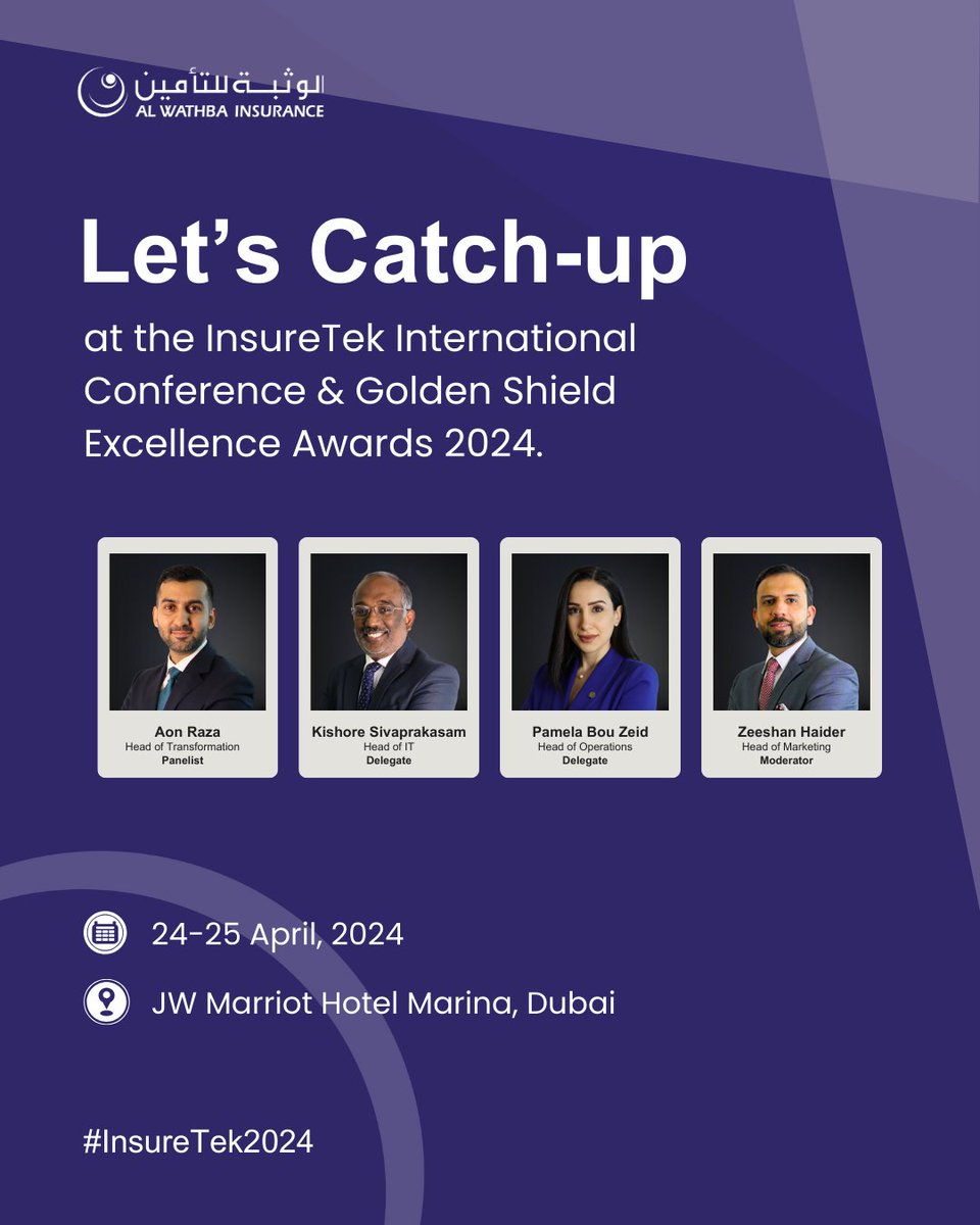 WathbaInsurance's tweet image. Our team is attending the InsureTek 2024 on April 24-25 in Dubai. Aon Raza, Kishore Sivaprakasam, Pamela Bou Zeid, and Muhammad Zeeshan Haider, our team, are looking forward to connecting with fellow industry professionals and sharing insights. 🌍🤝