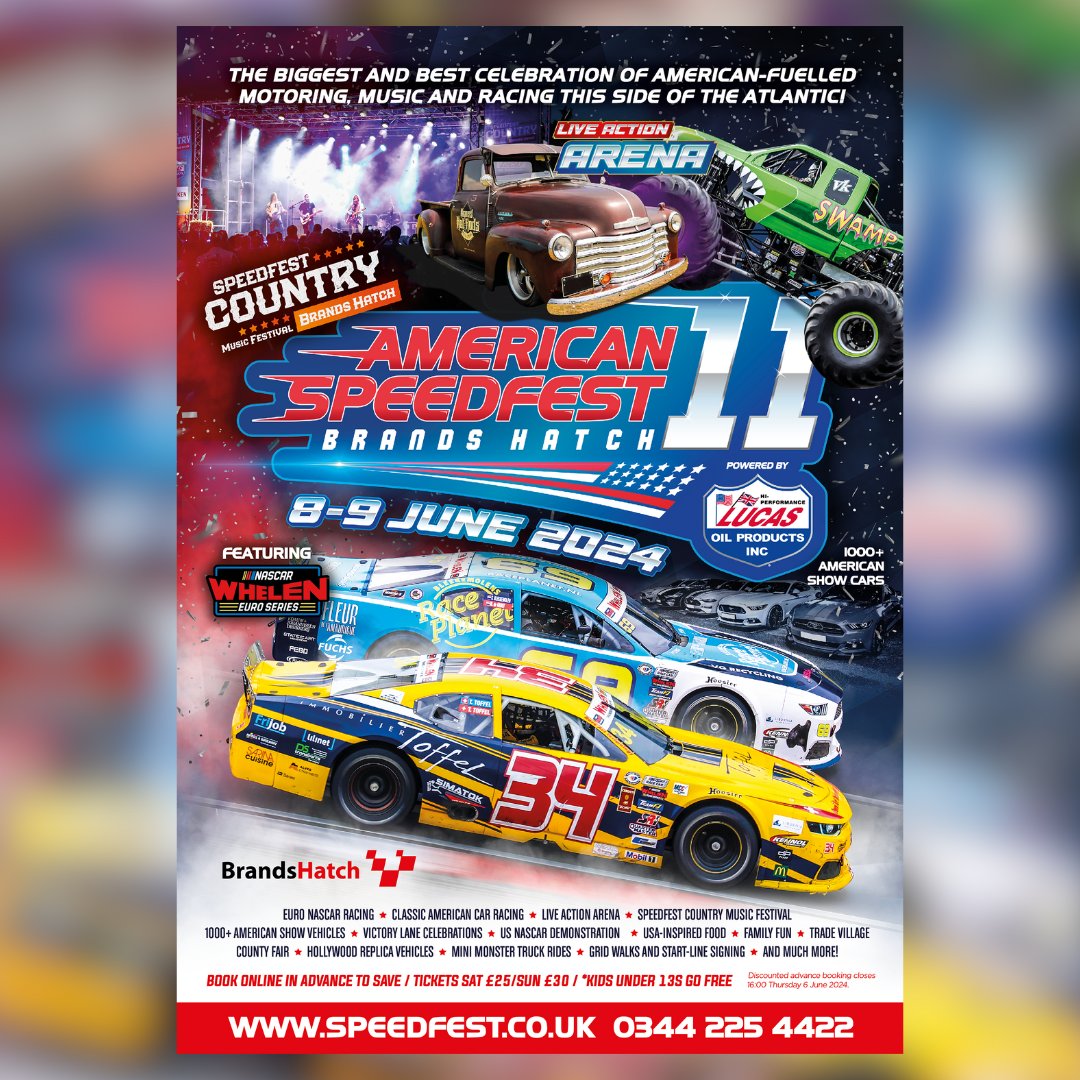 Check out the official poster artwork for American SpeedFest 11 powered by Lucas Oil at Brands Hatch on 8/9 June 🤩 Discounted advance tickets are still available with further reductions for 13-15-year-olds and free entry for under-13s 🎟️ 🇺🇸 speedfest.co.uk