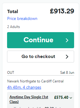 'I would like to book 2 return tickets from Newark Northgate to Cardiff please, in June and as it's a special occasion, perhaps First Class.' 'Certainly sir... That will be £913.29.' 'But that's about £5 a mile?!' 'Isn't privatised rail marvellous sir.'