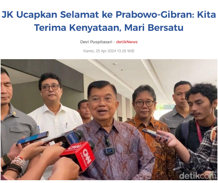 JK Ucapkan Selamat ke Prabowo-Gibran: Kita Terima Kenyataan, Mari Bersatu

#PrabowoSubianto 
#GibranRakabuming 

news.detik.com/pemilu/d-73099…