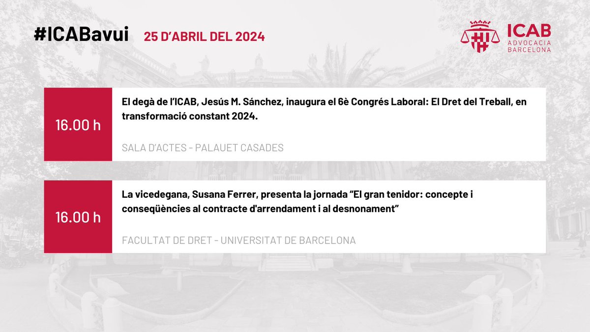 ICABarcelona's tweet photo. #ICABAvui Actes destacats de l'agenda institucional del Col·legi d'avui dijous 25/04/2024. https://t.co/hSabX3C5G4