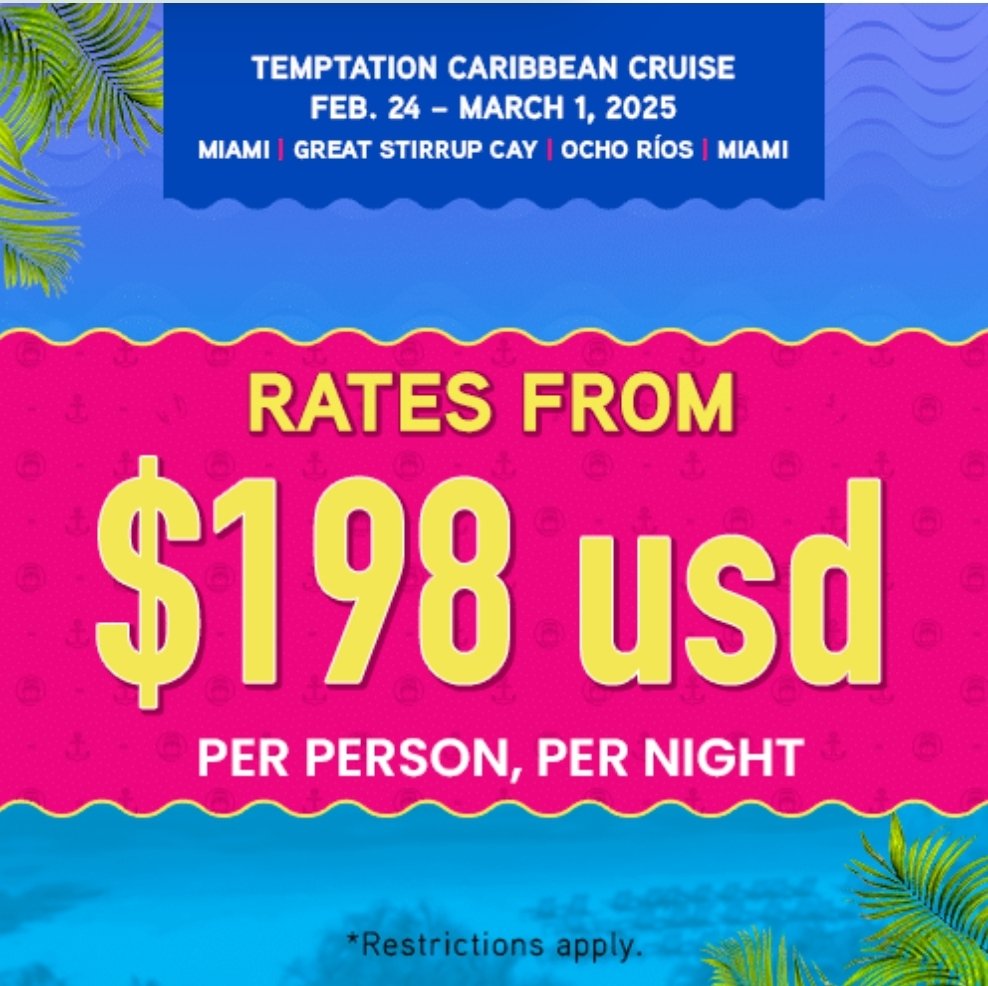 Book Ocean View Stateroom (Obstructed view) for $2,250, Save $400. Temptation Caribbean Cruise, Feb24-Mar1, 2025
🛳{temptationcruises.com/cruises/tempta…} 

#stateroom #Caribbean #miami #ochosrios #greatstirrupcay #Bahamas #carnivalcruise #cruisenews #temptationexperience #adultsonly #couples