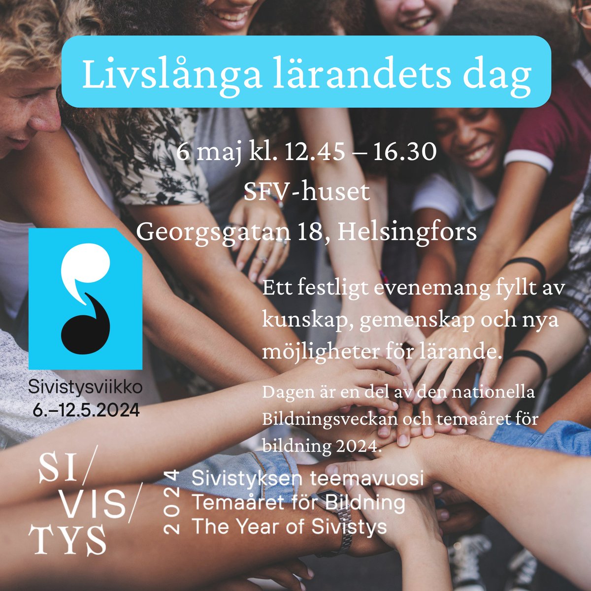 Den 6.5. är det dags för 'Det livslånga lärandets dag' på SFV-huset i Helsingfors! Dagen är en del av den nationella Bildningsveckan och Temaåret för bildning. Läs mer och anmäl dig 👉sivistysviikko.fi/tapahtumat/bil… @okmfi @SitraFund #bildningsveckan #sivistysviikko #sivistys2024