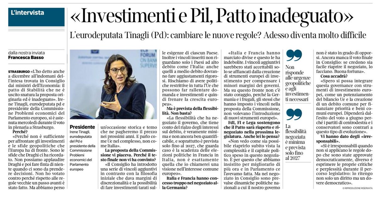 Leggo grande sdegno “riformista” (che scempio si fa di questa bella parola nel politichese imperante) per l’astensione del #PD sul nuovo patto di stabilità #UE, che a me invece è parsa sacrosanta e che qui spiega perfettamente una riformista come @itinagli