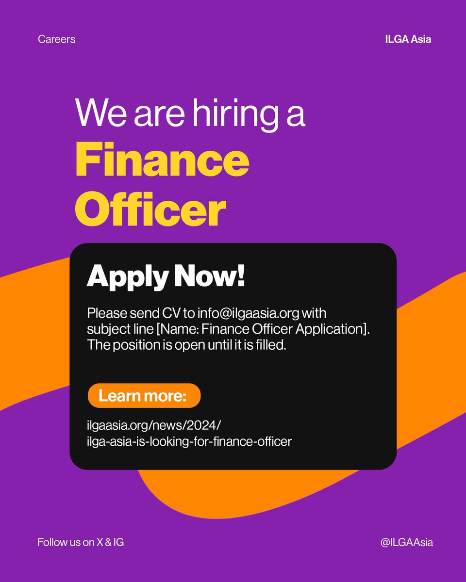 To apply, send your resume and cover letter at info@ilgaasia.org with subject “Finance Officer Application”. For more information, please visit our website here: ilgaasia.org/news/2024/ilga… .