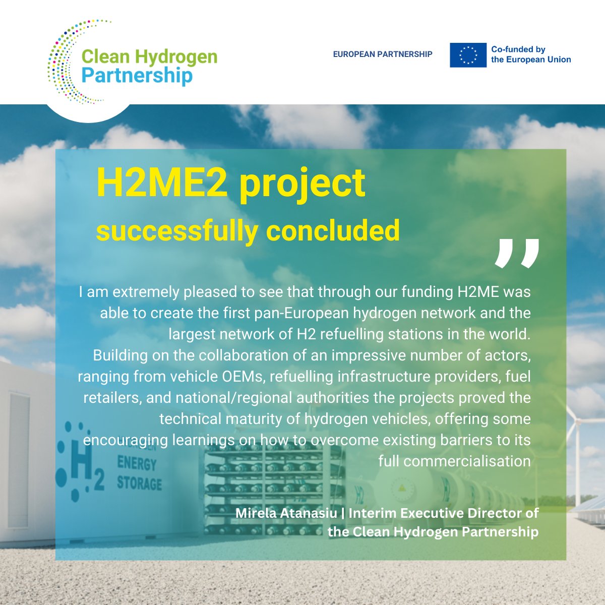 Our project @H2ME_eu 2 was successfully concluded👏Building on the expertise of its predecessor H2ME1, H2ME2 contributed to the technical & commercial #vehiclereadiness, #fuellingstations & #hydrogenproduction techniques from 2015-2023. Learn more👉tinyurl.com/rza9x4ek