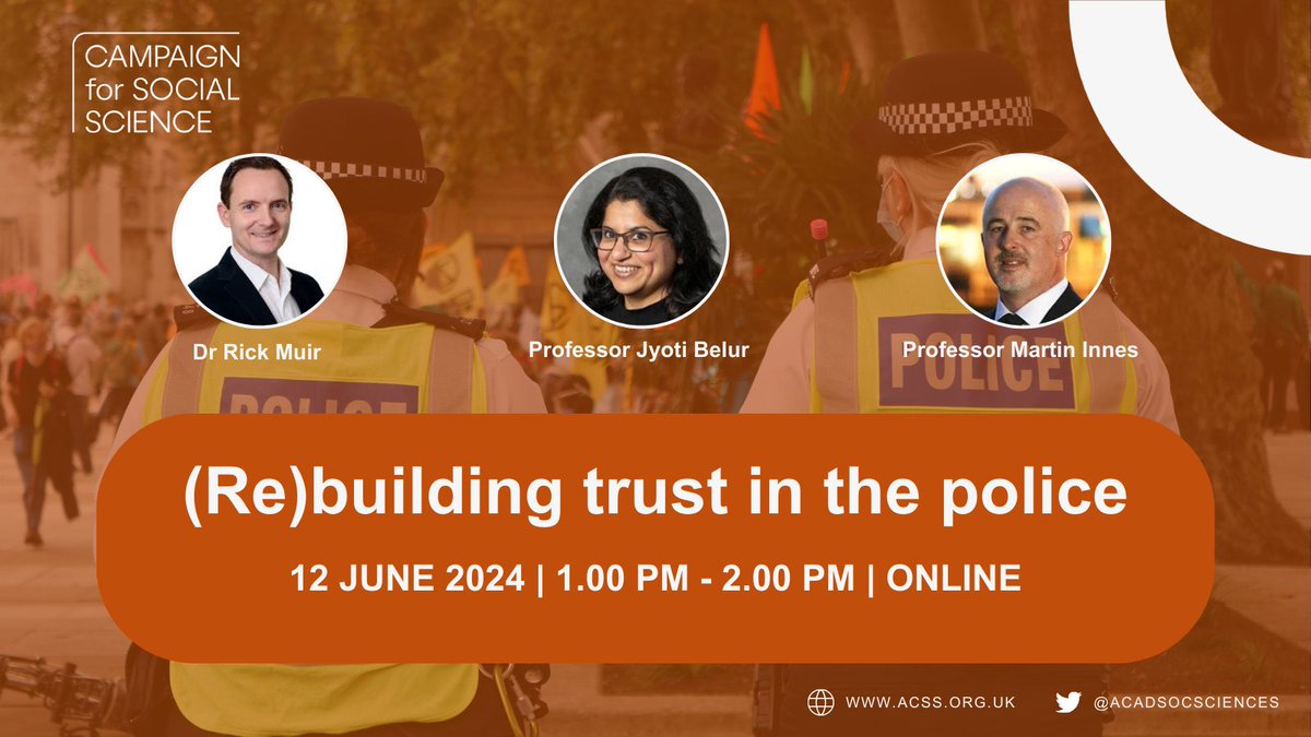 We are excited to launch a new #Election24 webinar on (re)building trust in the #police. Hear from expert speakers including @rickmuir1 (chair), Professor Jyoti Belur (@ucl) & Professor Martin Innes (@cardiffuni). 🗓️ 12 June ⏰ 1pm-2pm 💻 Online Register➡️ us06web.zoom.us/webinar/regist…