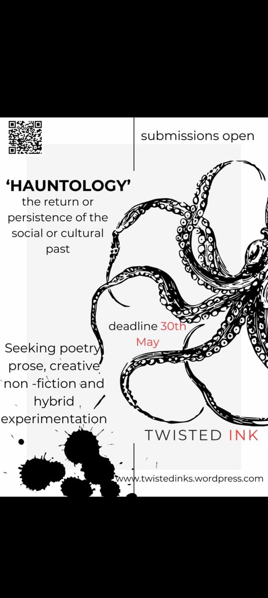 Remember Twisted Ink's Issue 'Hauntology' is still looking for submissions! 
Twistedinkpublishers.wordpress.com 
Seeking: Poetry, prose, creative non-fiction and poetic experimentation! This is their first Issue and an exciting time- so please get involved. [Shares appreciated]