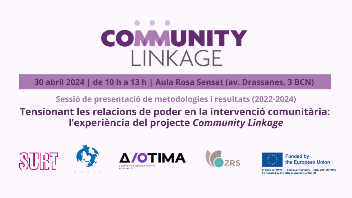 Fundacio_Surt's tweet photo. Presentació #communitylinkage
📆 30/4 📍@rosasensat
✍️ https://t.co/2uDIjqTH4a
Projecte amb dones migrades implicades en crear xarxa de suport davant les #violènciesmasclistes i millorar dels serveis especialitzats de Badalona.
@CentreDiotima @cesieong @izds_zrs_kp #eucofunded https://t.co/oyZPjTVvRz