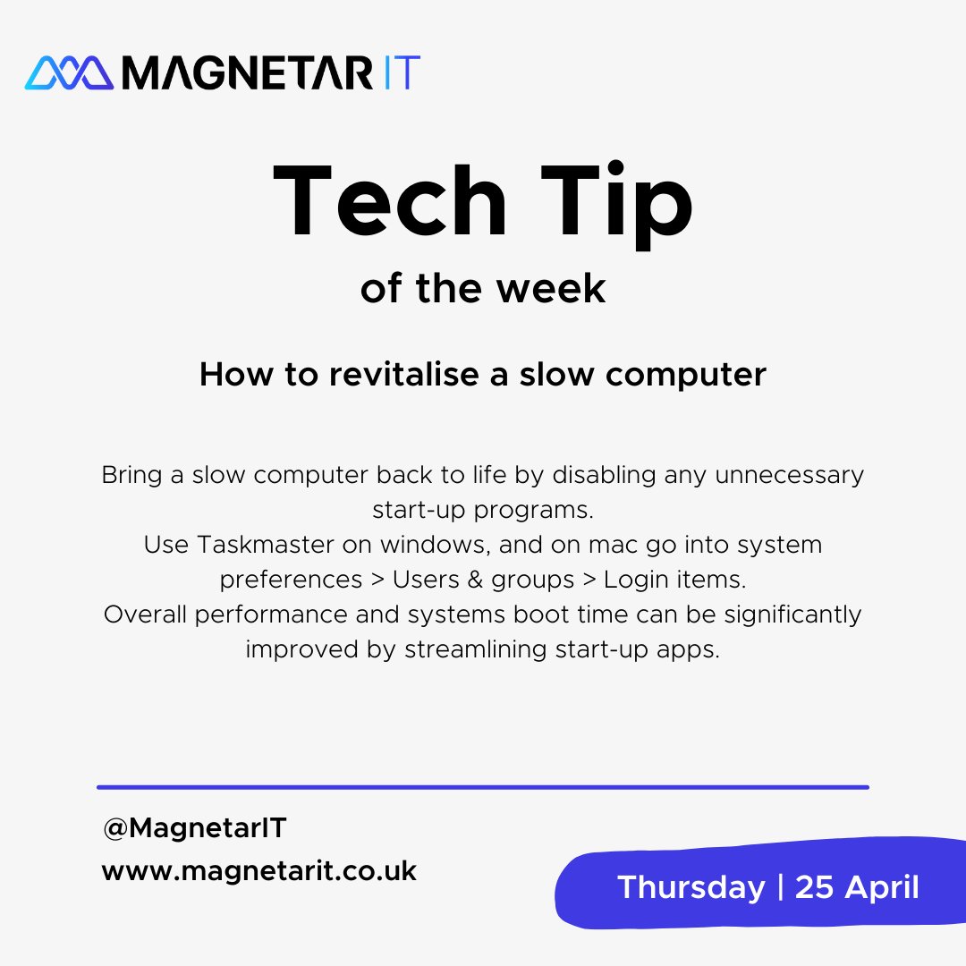 🌟 MAGNETAR'S TECH TIP OF THE WEEK 🌟 This week our tip is about revitalising slow computers⚡️ Click the link to subscribe to our weekly tech tip emails: eepurl.com/gP7F-1 #magnetarit #techtip #techtips #itsupport #itconsultancy