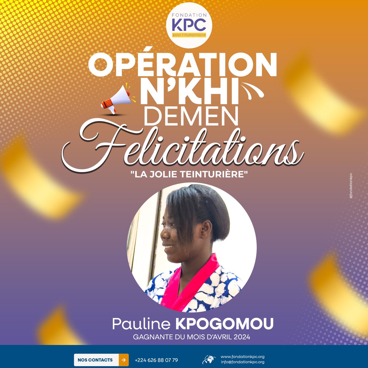 kpc_fondation's tweet photo. Nous avons le plaisir d'annoncer mademoiselle Pauline Kpogomou comme la gagnante de l'opération Nkhi Demen avec son projet remarquable intitulé "La jolie teinturière".
 #NkhiDemen #FKPC https://t.co/zJ1IUFBnJj