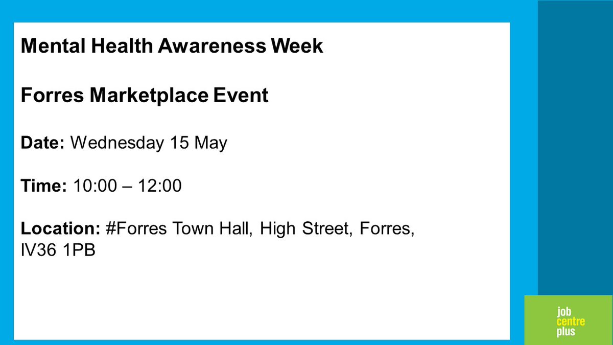 TODAY...

Mental Health Awareness Week in #Forres

Meet partner organisations who can support your Health and Wellbeing and recruiting employers 👇

@CitAdviceScot @ErskineCharity @Forres_Area @gordonstoun @guidedogs @HomecareScotla1 @MorayCouncil @Moraypathways 

#MorayJobs