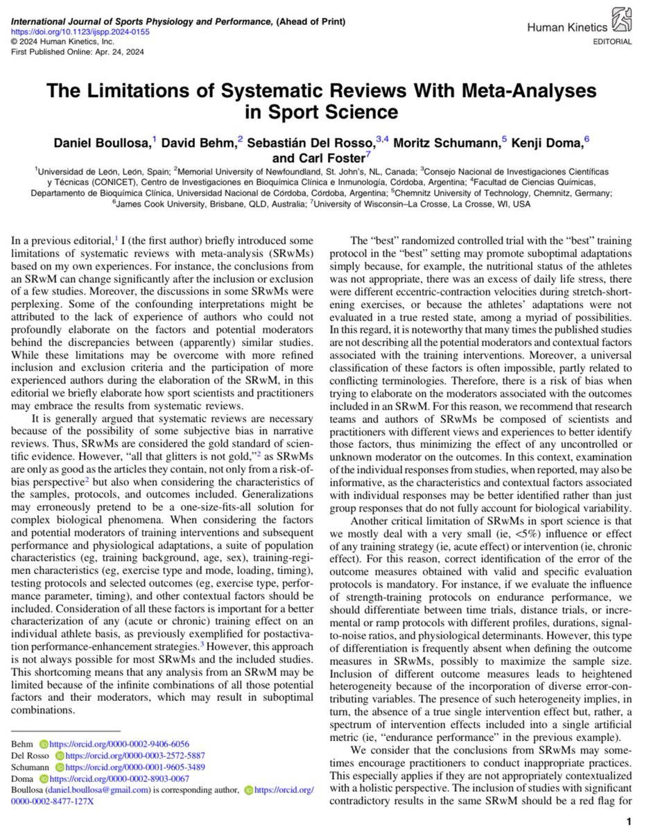 🚨Our Editorial in @IJSPPjournal about the limitations of #Systematic #Reviews with #Metaanalysis in #SportScience 🚨

🤝🏻@Moritz_Schumann @kenji_doma @sebadelrosso #DaveBehm #CarlFoster 🙏🏻

journals.humankinetics.com/view/journals/…