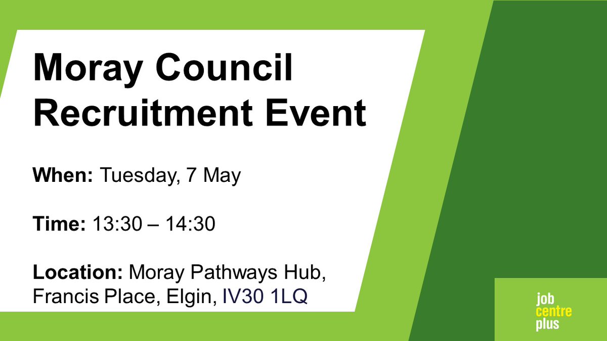 Looking for a new job in #Moray?

Come along to @MorayCouncil Recruitment event @Moraypathways to discover the range of opportunities on offer and meet various departments.

Includes vacancies in Catering, Housing, HR, Public Transport and Social Care.

#MorayJobs