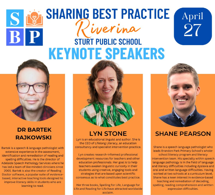 Looking forward to presenting my keynote at @SharingBestPrac Riverina this Saturday! So many great presenters including educational linguist and author @lifelonglit, SLP and PhOrMeS author @PhOrMeSLiteracy, SOLAR lab's @EamonGCharles, educational consultant @julie_scali,