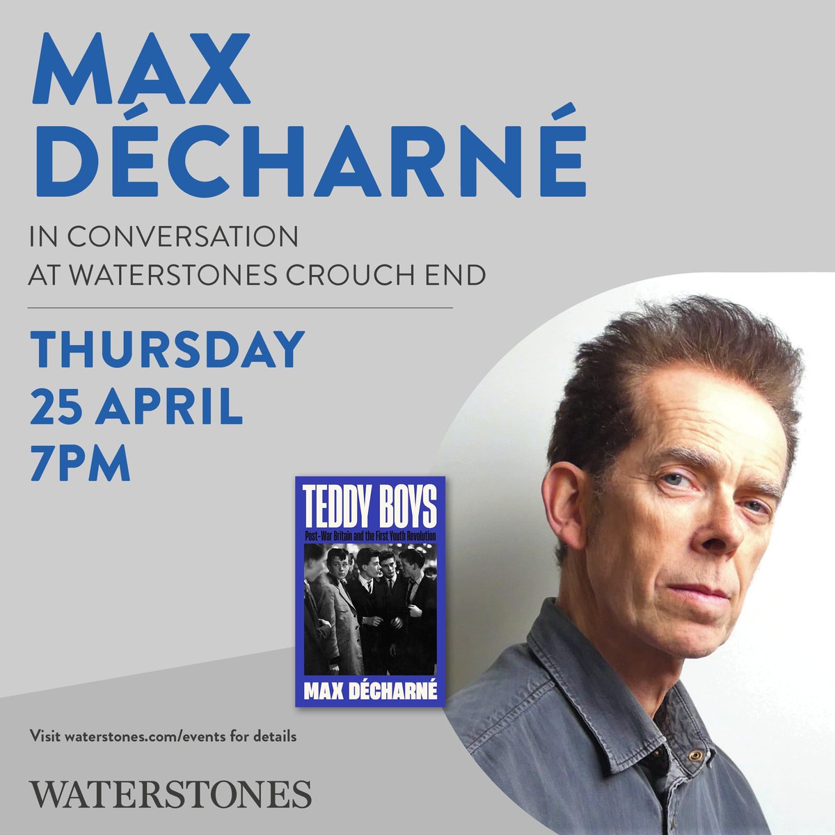 ✨TONIGHT✨ Max Décharné is speaking to us about his latest book Teddy Boys! Limited tickets available on the door! Book to avoid a last minute rush ➡️waterstones.com/events/search/…