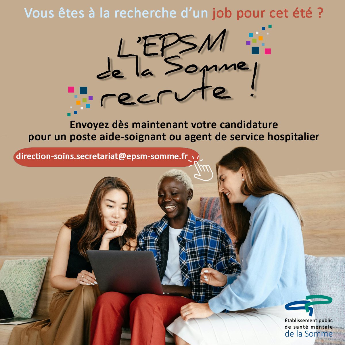 EPSMSomme's tweet image. 📣 #Jobété ☀️
Vous êtes à la recherche d’une expérience de travail dynamique cet #été ?
L&apos;@EPSMSomme #recrute des #aides-soignants et ASH 😉
📍 Postes basés sur #Amiens 
Envie de nous rejoindre ? 
Envoyez-nous votre candidature à
📩 direction-soins.secretariat@epsm-somme.fr