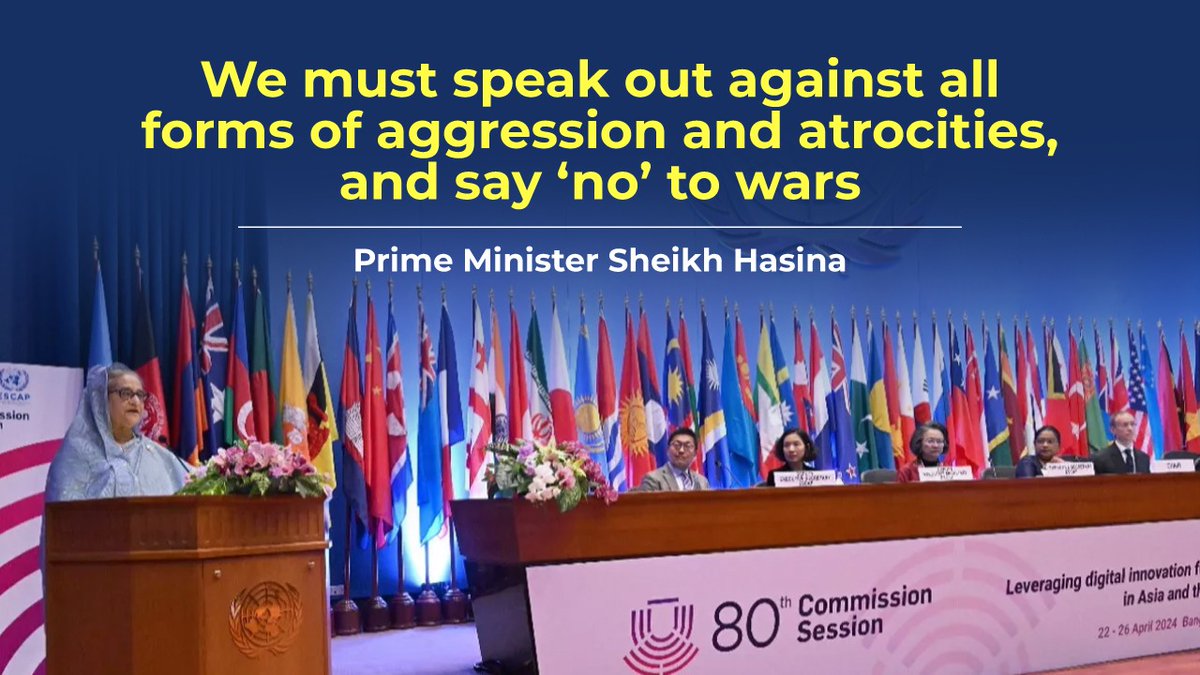 HPM #SheikhHasina has addressed at the 80th Session of the @UNESCAP in Bangkok today. In her speech, PM called for settling disputes through dialogues, rather than wars. She also urged global leaders to speak out against all forms of aggression. 👉albd.org/articles/news/…