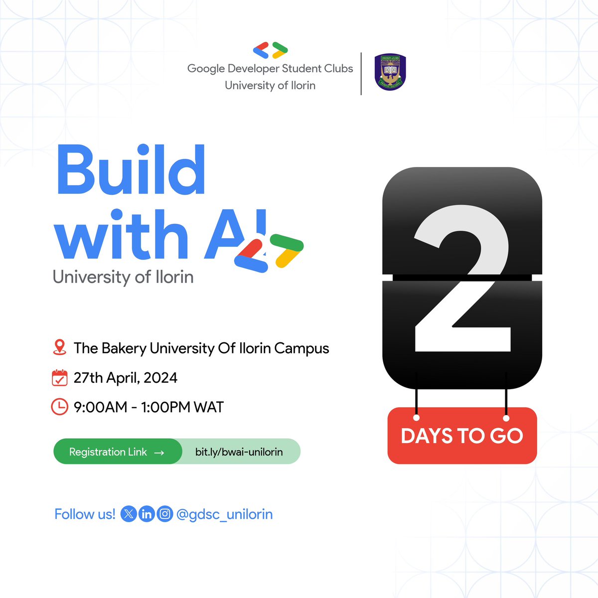 Just 2 days left! 🤭🤭🤭 Ready for an amazing event where we learn, connect, and have fun? Don't miss out on this awesome experience🫵. It's a chance to boost your skills, make new connections and make innovations with AI. See you there! #BuildwithAI #BuildwithAIUnilorin