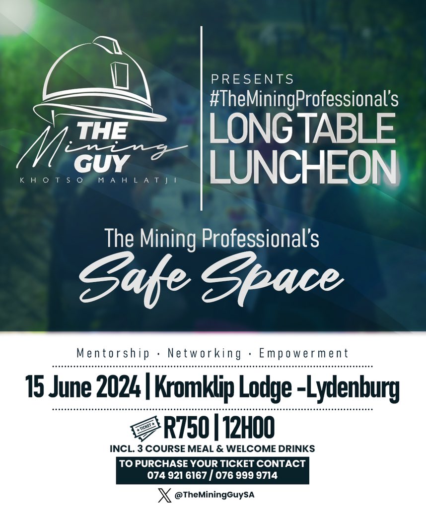 The Mining Guy Presents: #TheMiningProfessionals LongTable Lunchoes 🗓️: 15 June 2024 🏟️: Kromklip Lodge, Lydenburg 🎟️: R750 (Incl: 3 Course Meal by Private Chef and Welcome Drinks) This initiative seeks to create an environment conducive to learning, networking, and personal…
