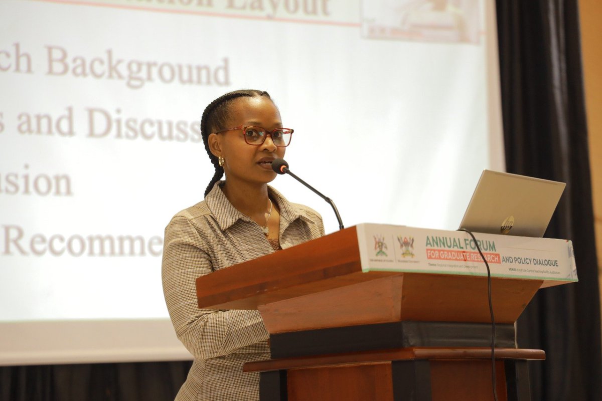 Makerere's tweet photo. Ms. Adella Grace Migisha, a PhD Student, presents the key issues of her research paper which focuses on Environmental influence on electricity reliability in Uganda's grid system. 

She notes, " We need to diversify our sources of power to combat over-dependence on hydroelectric power, among other deductions from her research."

#MakGradDialogue.