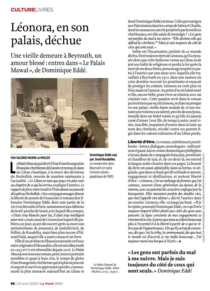 Article à lire dans le @lepointfr sur le dernier livre de Dominique Eddé, LE PALAIS MAWAL. Merci à Valérie Marin La Meslée ! @AlbinMichel