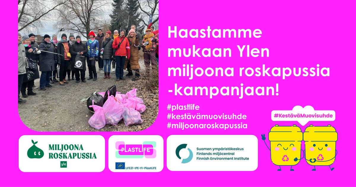 Haastamme kaikki mukaan Ylen Miljoona roskapussia -kampanjaan! Järjestä oma roskienkeruutempaus ja ota osaa yhteiseen hyvän tekemiseen. Lue lisää Ylen verkkosivuilta yle.fi/miljoonaroskap… #KestäväMuovisuhde #Miljoonaroskapussia #plastlife #muovitiekartta @Kiertotalouteen