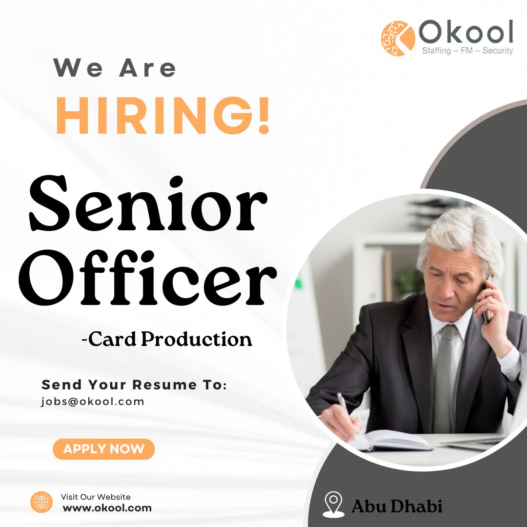 💡One of our leading clients is hiring for the position of #senior Officer 📌 Card Production.

#banking #bankingindustry #financial #financialservices #automation #staffing #recruiting #recruitment #manpower #manpowergroup #abudhabi  #emirates #unitedarabemirates #uae #okool