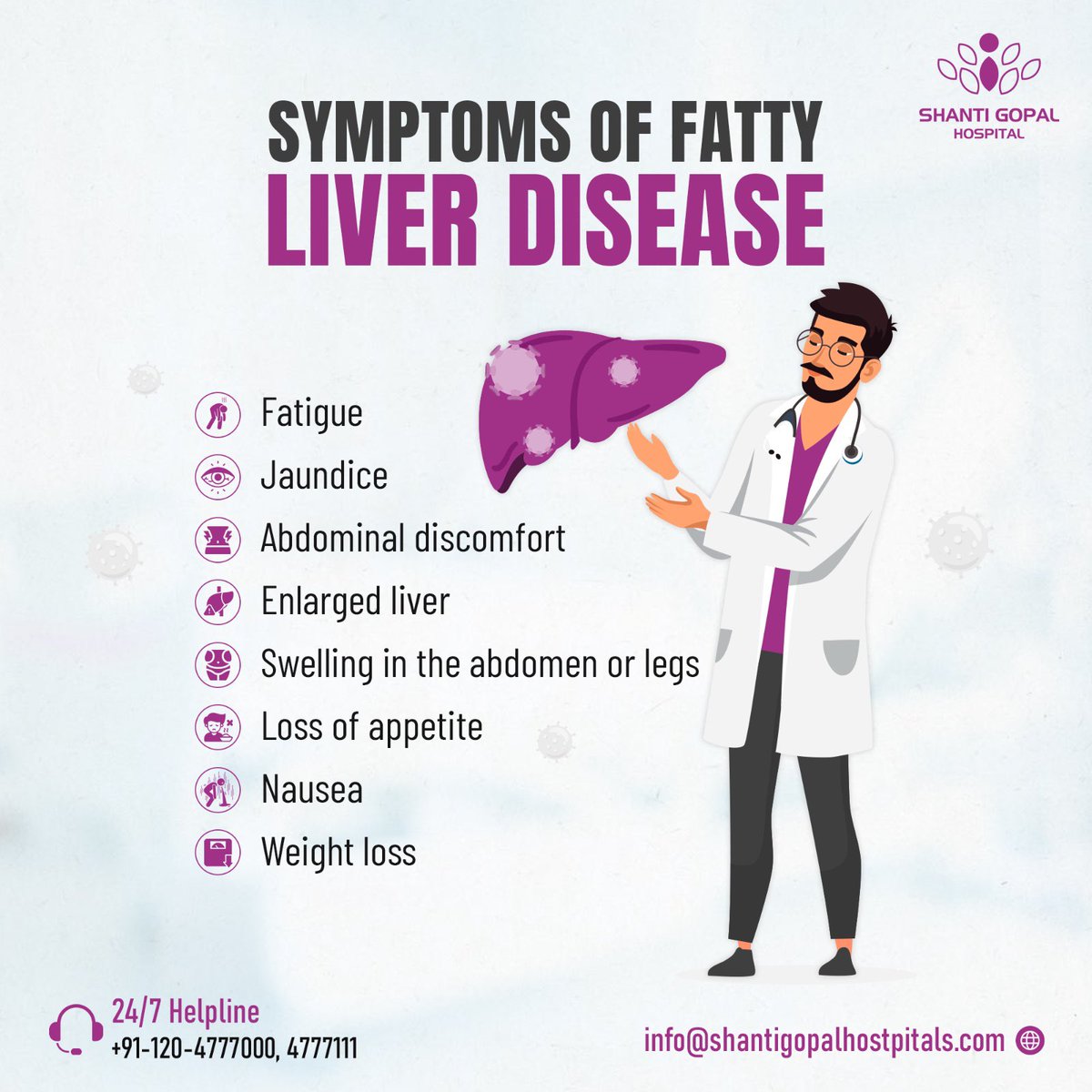 Common symptoms of fatty liver disease encompass fatigue, abdominal discomfort, an enlarged liver, jaundice, swelling in the abdomen or legs, loss of appetite, nausea, and weight loss.

 #shantigopalhospital #fattyliverdisease #fattyliverfighter #fattylivertips #fattyliver