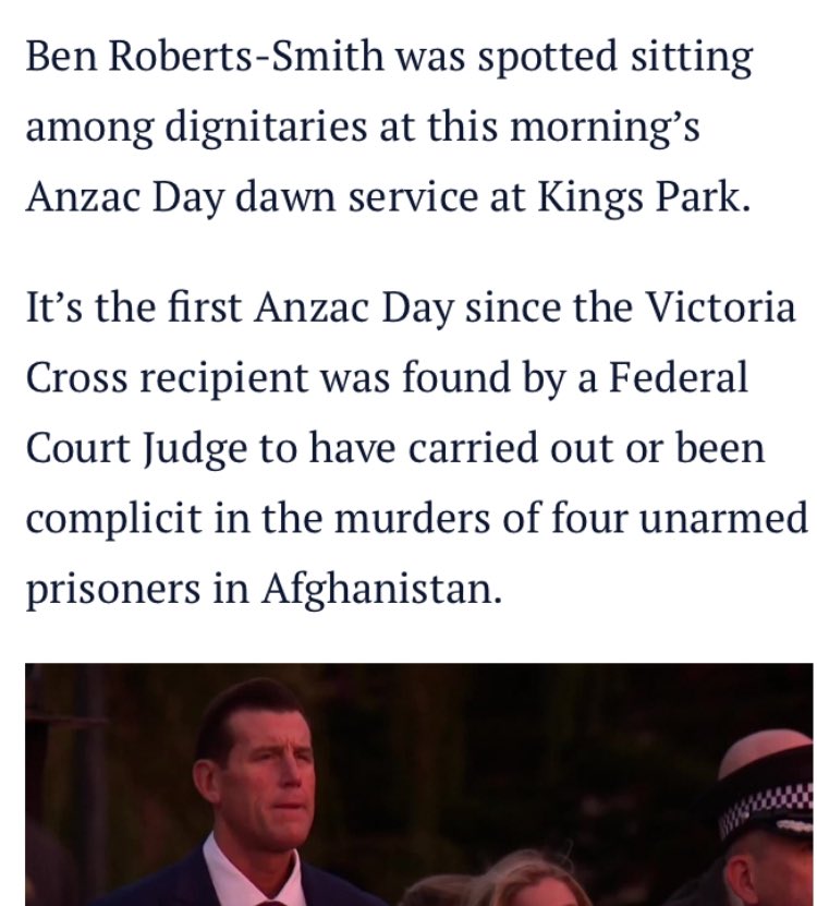 Anyone else disturbed and sickened by a former AUS soldier “found by a Federal Court to have carried out or been complicit in the murders of four unarmed soldiers” sitting among dignitaries on ANZAC day?