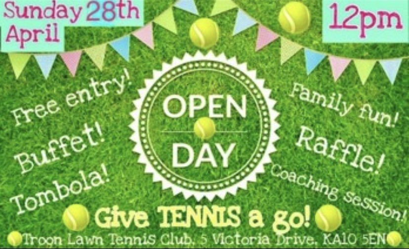 Troon Lawn Tennis Club, will be hosting an open day on Sunday 28th April from 12-3pm. Come along and see what they have to offer. The coaching team will be on hand to cater to all ages and abilities and will be happy to play a game with you 🎾 #Participate #Tennis #Activeschools